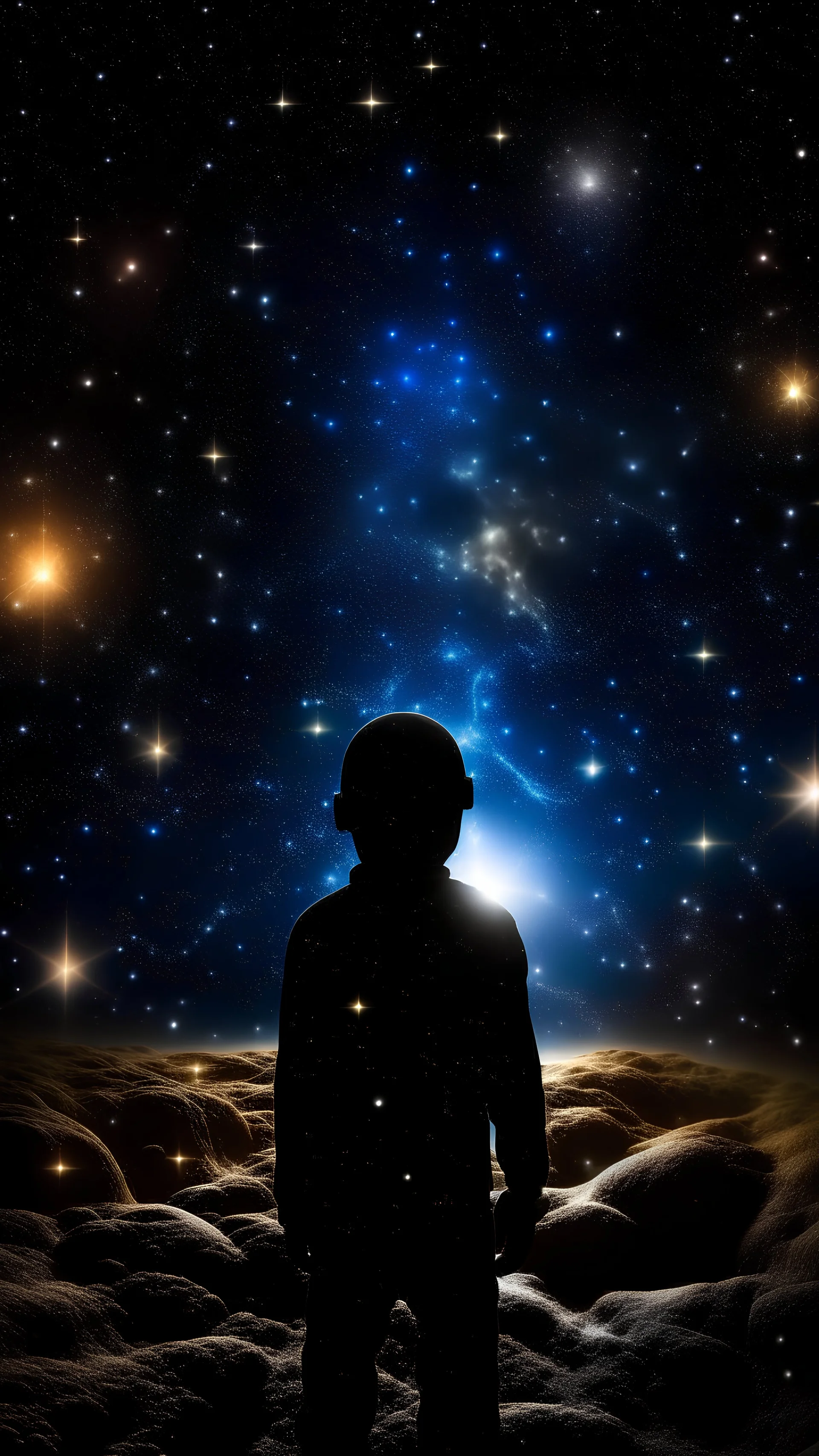 multiple cosmic entities made of stars are surrounding a person who is cowering at the sight of those cosmic entities