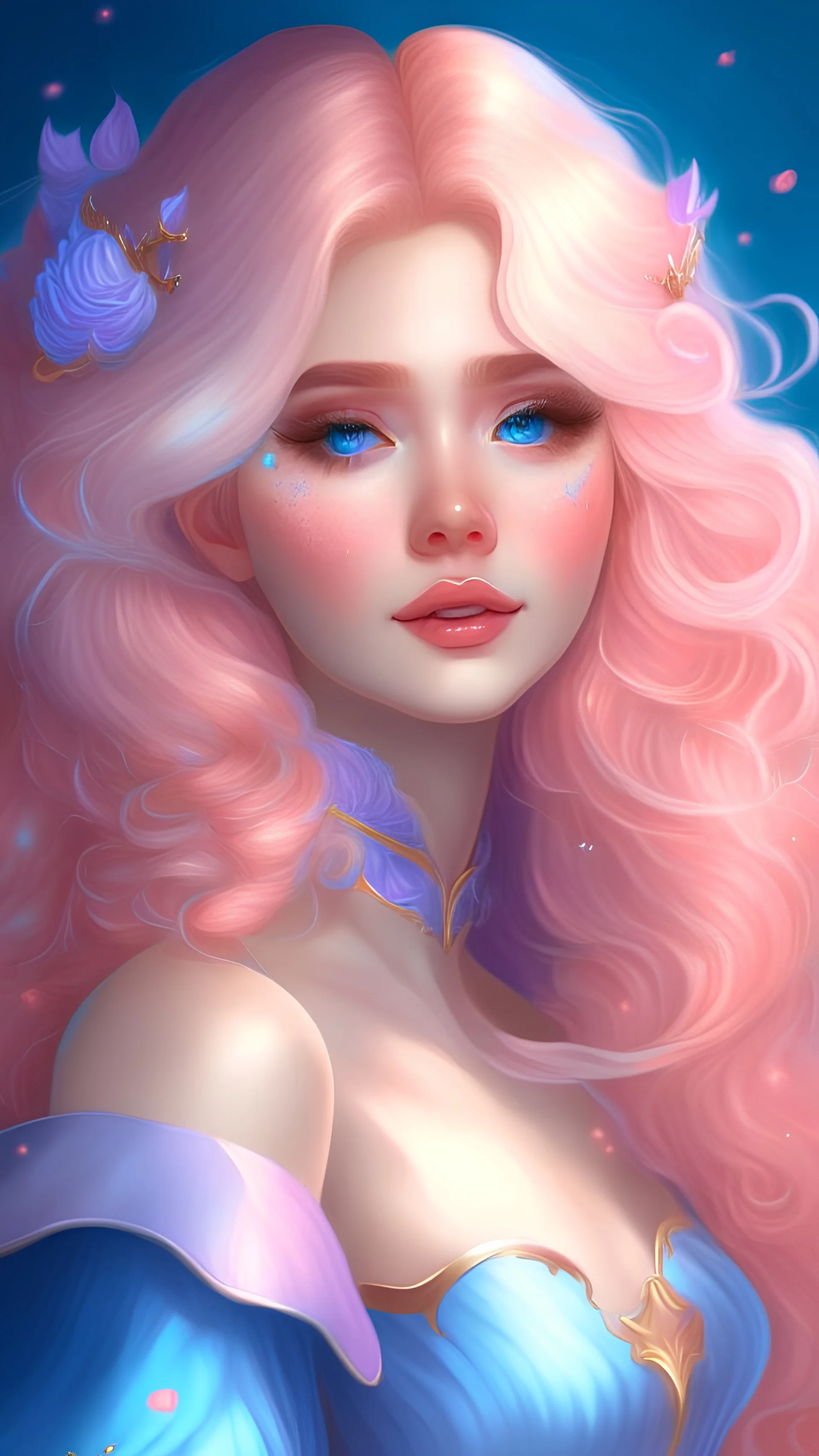 princes, portrait, beautiful, light peach color hair, blue dress, pink lips, straight hair, fantasy, 4k, digital art