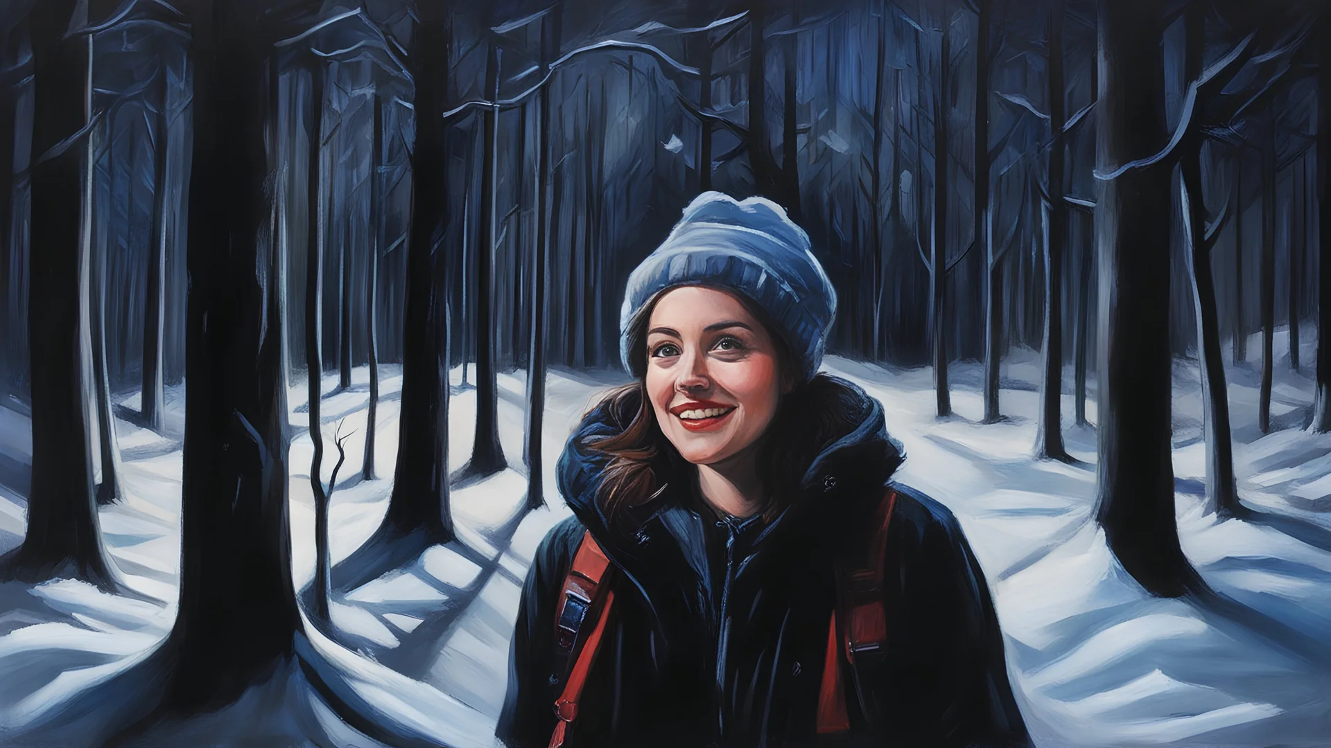 acrylic illustration, acrylic paint, oily sketch, girl at night in the wood, selfie, dressed for trekking, winter, laughing, at night, very dark, infrared photography, without flash, grainy, ((motion blur)), blurry, walking, by [Todd Schorr | Iryna Yermolova | Conor Harrington]