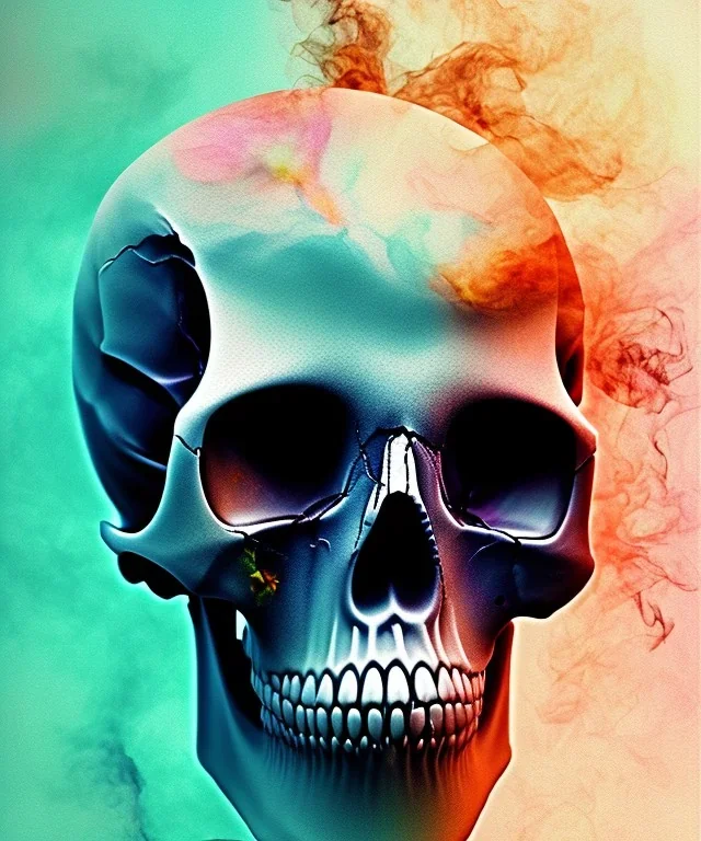 realistic skull. watercolor and ink. black background. smoke and explode. particles in air. teal and orange