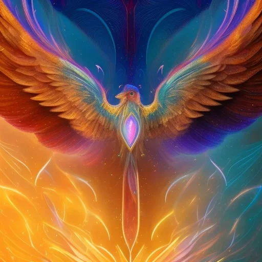 a detailed illustration of a phoenix with shiny blue wings and long glowing sparkly body, luminescent body, glinting spread wings, realistic, soft and smooth glowing wings, soft feathers, macro lens, sharp focus, meticulously detailed, soft studio lighting, smooth blurred gradient background, twinkly eye, 64k, kind, sweet