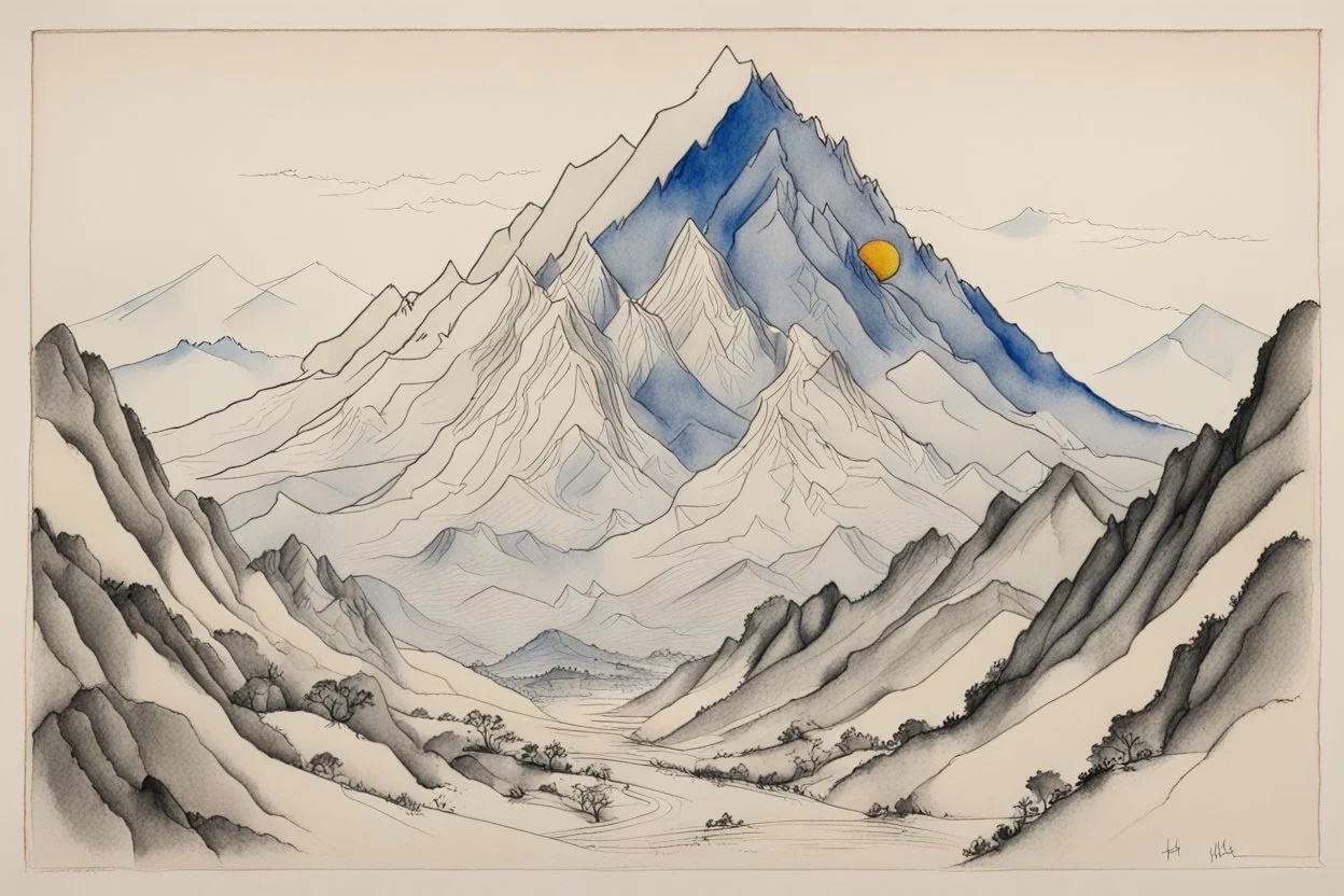 Schiță în creion de Jean Cocteau reprezentand un peisaj montan, salbatic din tibet , cu culori primare tari, fantezie de înaltă definiție calitate clară, stiluri de Utagawa Hiroshige, Paul Klee Dee Nickerson și Tim Burton, acuarelă și contururi cu linii fine paralele de cerneală neagră pe hârtie umeda, linii tari, umbrite