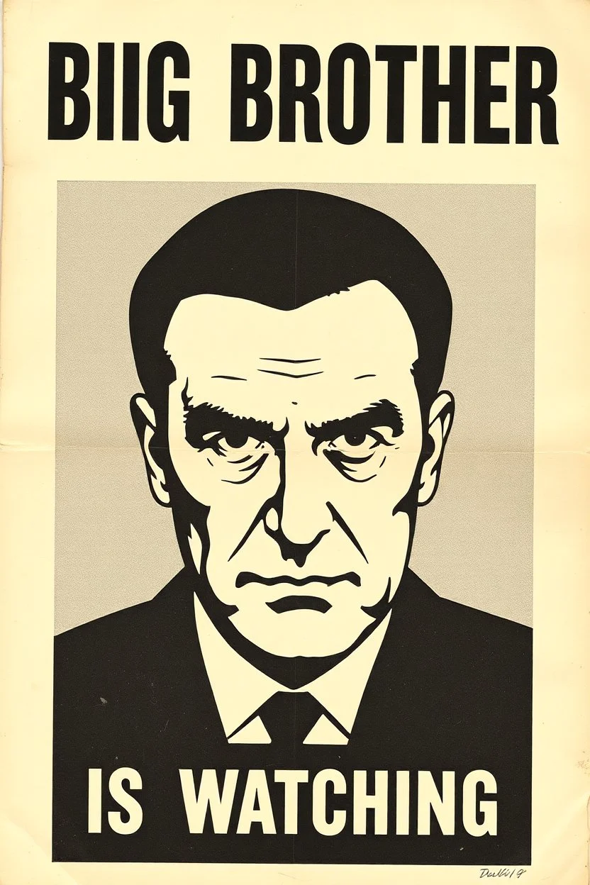 an old poster with the words"BIG BROTHER"(across top), the staring face of a man(middle, facing viewer), text "IS WATCHING"(across bottom), wwii era 1984 propaganda black and white printed poster on old paper
