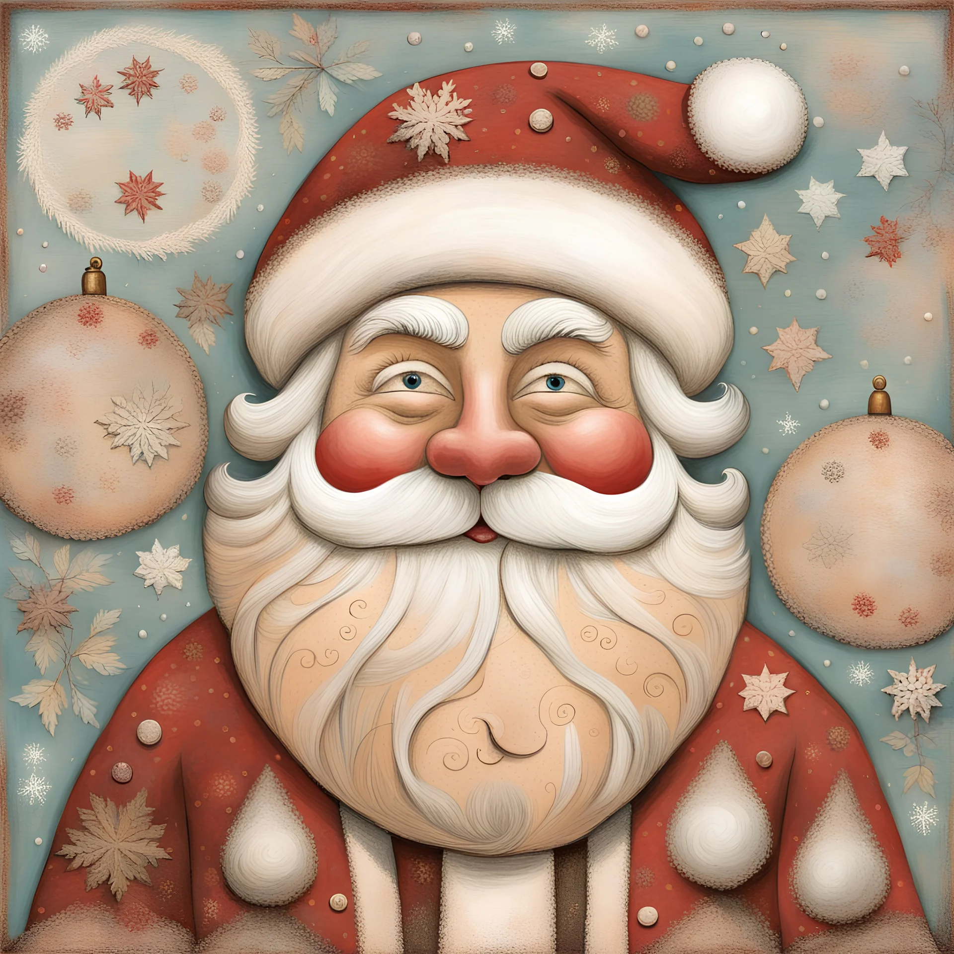 Folk art, santa claus, mixed media, soft muted colors