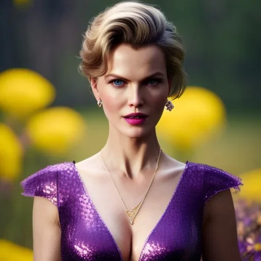 Eva Herzigova has purple effect. She has beautiful eyes, Her hair flies in the air. with yellow flowers for hair, closed eyes, rtx, reflection, 8k, glow, winning photography, caustics