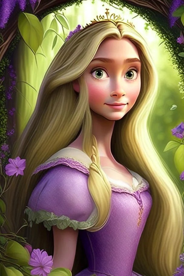 Princess Rapunzel, with a very beautiful and small round face, with neutral and consistent makeup, with a charming look, with a very wonderful dress in a very beautiful garden