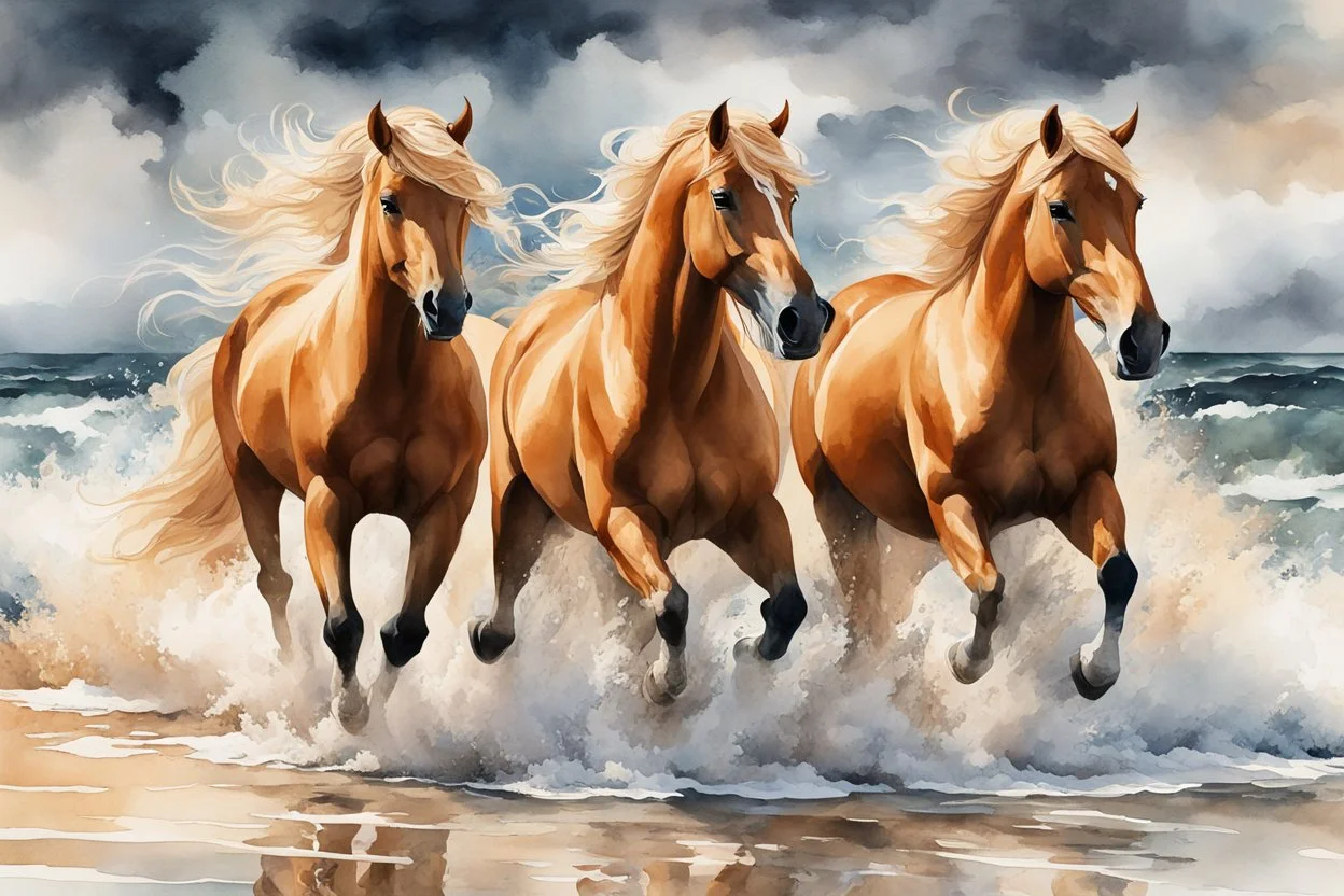 Stunning watercolor style portrait of three powerful palomino horses, galloping strong on the seashore. The waves crash behind them, the sky is filled with stormy clouds. Their manes and tails flutter in the wind and their muscles become defined as they exert their strength. Dynamic, energetic atmosphere, capturing the essence of freedom and power