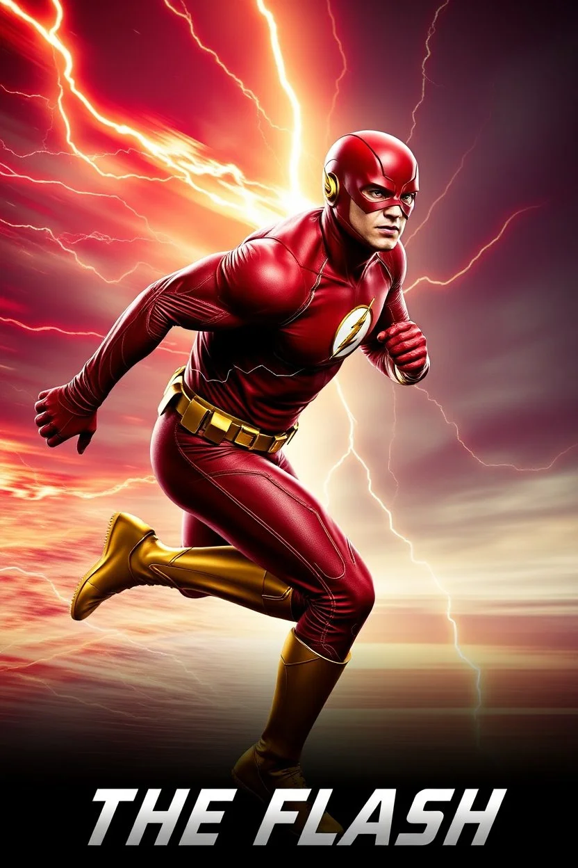 1/4 side view, looking at the viewer, Movie Poster - "THE FLASH" - A massive, thick, extremely muscular, 7'8" tall man, ((skintight, formfitting, long-sleeved, red spandex bodysuit:1.5)), ((gold knee-high boots:1.5)), ((gold wrist gauntlets, red fingerless gloves, gold, double holstered utility belt:1.5)), ((skintight, formfitting, red spandex helmet with red eye disguise,:1.5)), Running in the speedforce, multicolored lightning emanating from his body, an overly exaggerated muscular stature