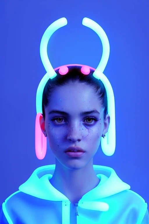 Ultra Realistic image, Rosalía artist, waist up portrait, black eye line, angry face , gold, blue, pop style, pink spray line make up, geometric, led lights, neon, rings piercing, led ornament, fog, bubble latex coat, vibrant color, highly detailed, art stations, concept art, smooth, unreal engine 5, god rays, ray tracing, RTX, lumen lighting, ultra detail, volumetric lighting, 3d, finely drawn, high definition, high resolution.