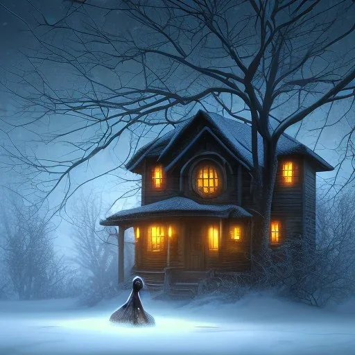 robed grim reaper behind sad, abandoned, miserable dog tied to a tree outside with house in background, winter, loneliness, 8k resolution, high-quality, fine-detail, iridescent, intricate, digital art, detailed matte, volumetric lighting, illustration, 3D octane render, brian froud, howard lyon, selina french, anna dittmann, annie stokes, lisa parker, greg rutowski