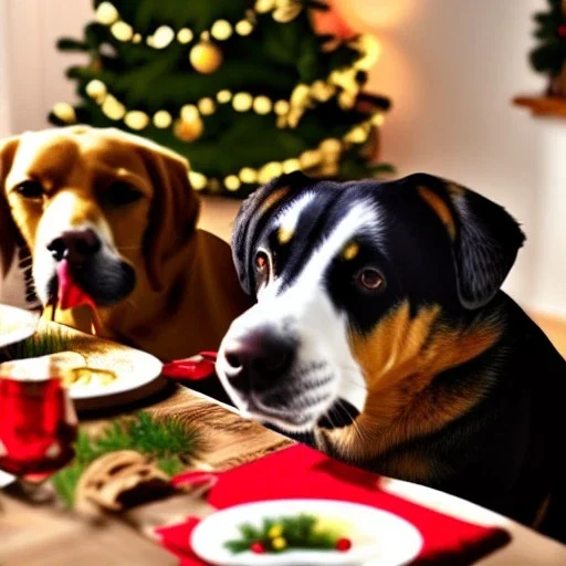 Dogs eating Christmas dinner