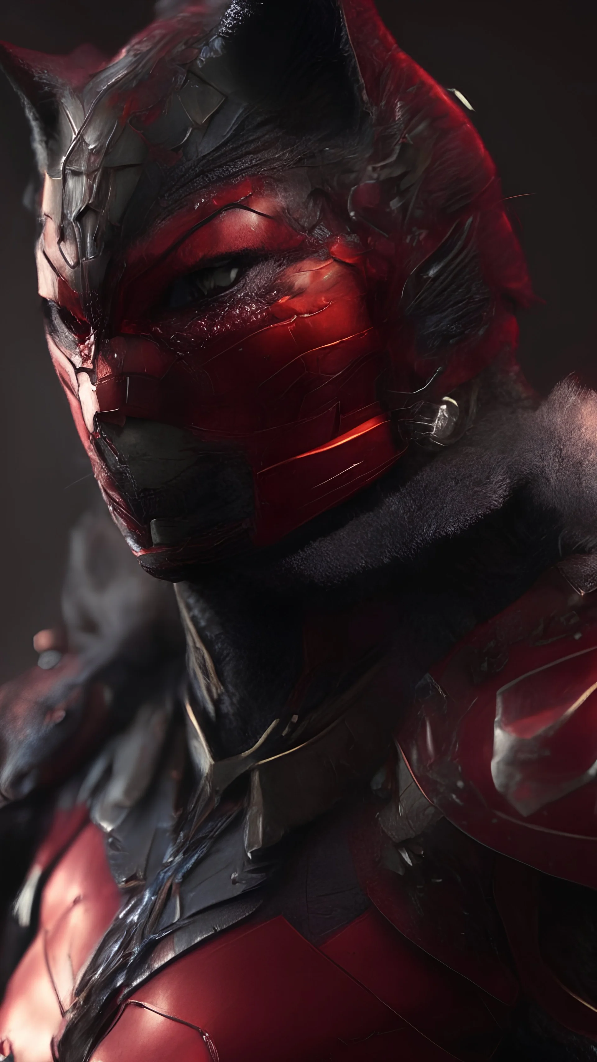 Iconic Cat-Man, red and silver, ultra-detailed armor, cat with eye mask, dynamic shot, richly saturated colors, full height, arms, legs, footwear, cinematic backlighting, hyper-realism, unparalleled detail, 8K, concept art, intricate textures , timeless masterpiece, enhanced AI, GAN, depth of field, neural network,