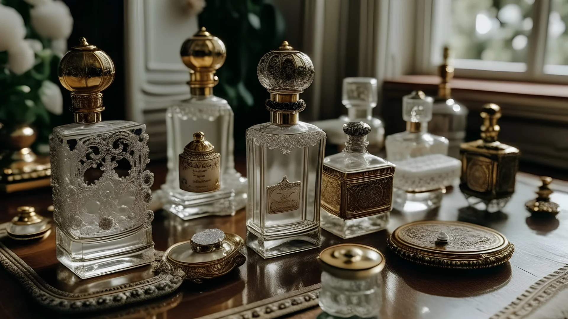 generate me an aesthetic complete image of Perfume Bottles on a Vintage Lace Table