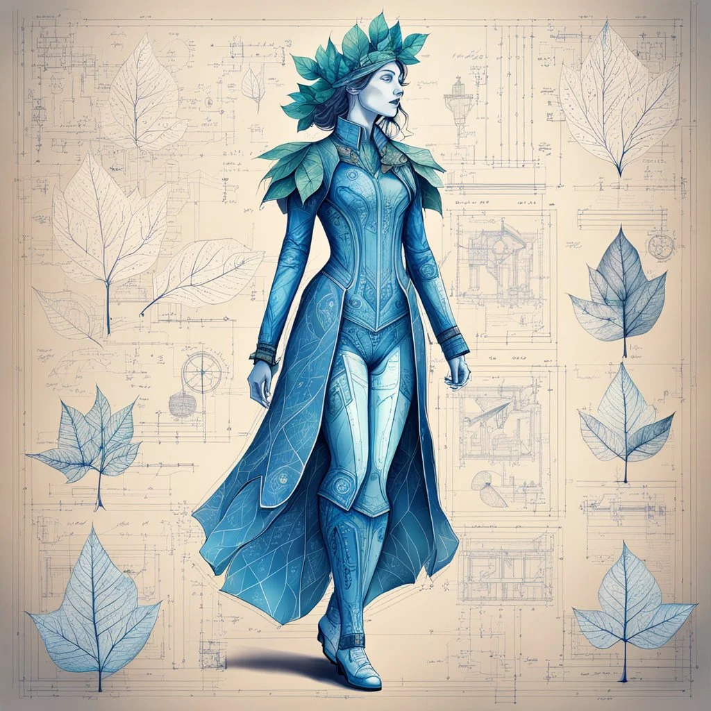 Hand drawn technical,full body illustration , with detailed blueprints and engineering schematics of a walking leaf girl, with highly detailed facial features, drawings, and technical notation, 8k, vibrant natural colors