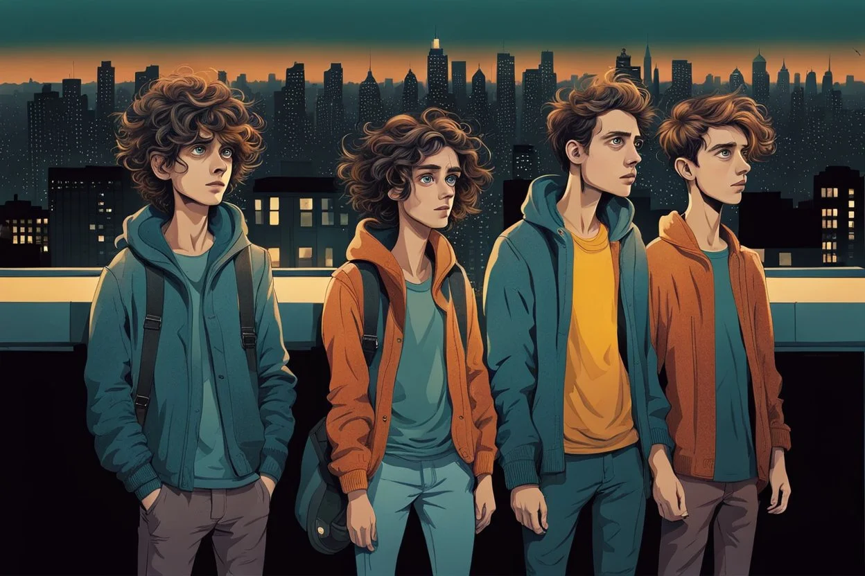 whimsical stylized illustration of young people with big eyes, tiny nose, tiny mouth and messy hair in complementer colors cloths, they stand in line on a high rooftop, surreal, thriller mood, smooth blending, extremely detailed, realistic textures, lights and shadows, cinematic, dark mood