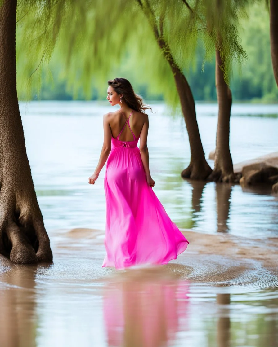 beautiful girl in pretty pink -blue dress walking in water toward camera in trees next to wavy river with clear water and nice sands in floor.camera capture from her full body front, spring blosom