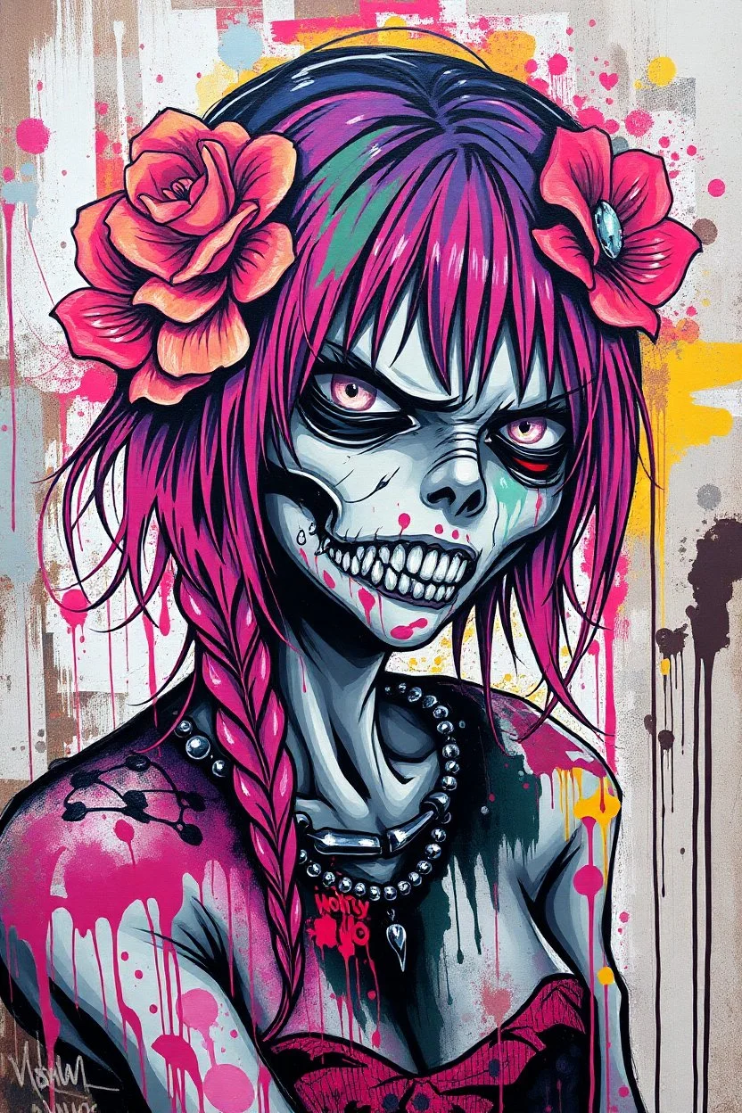 graffiti art of cartoon zombie girl , elaborate acrylic spray paint by Yoji shinkawa + nick Edwards style with bold brushstrokes, romantic, vibrant saturated natural color