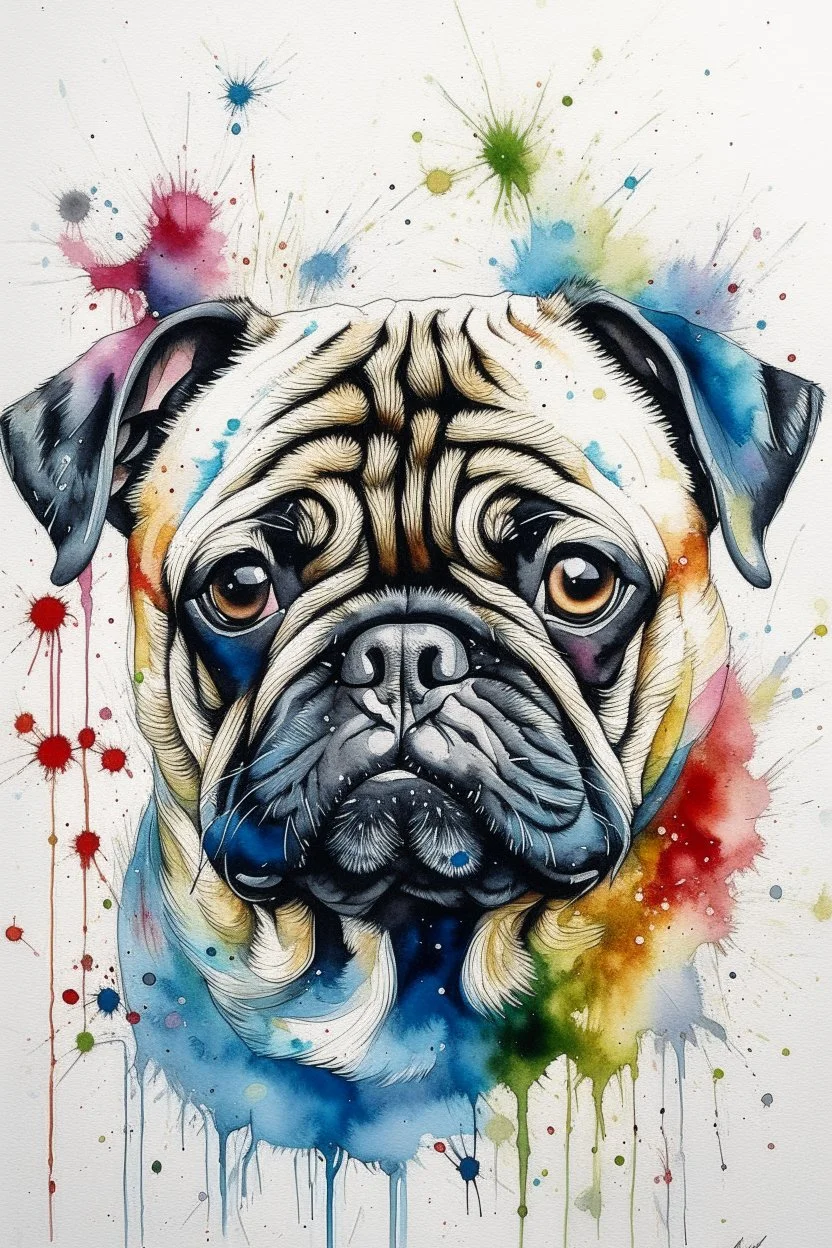 A minimalist portrait of a pug, loose watercolour, wet on wet and splattering and dripping techniques, centred, perfect composition, abstraction,