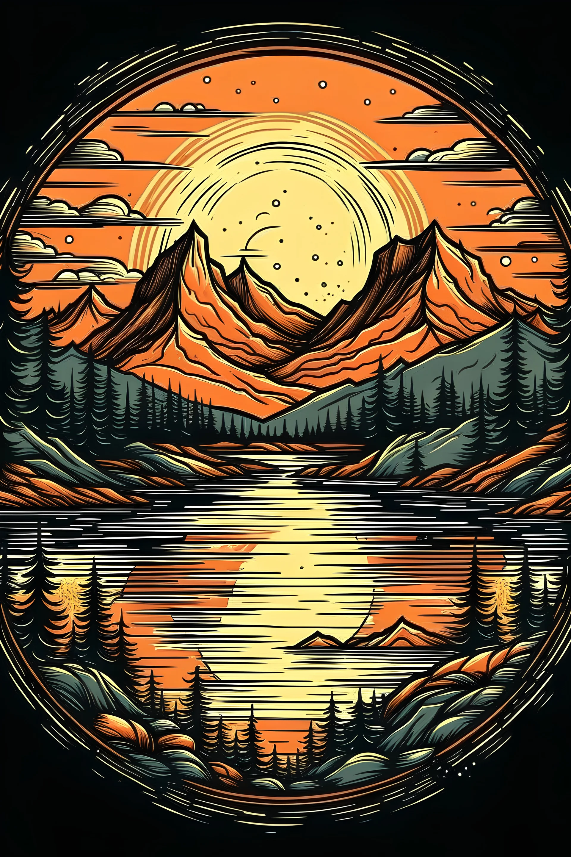 Illustrate mountains and a lake at sunset for an outdoor enthusiast t-shirt.