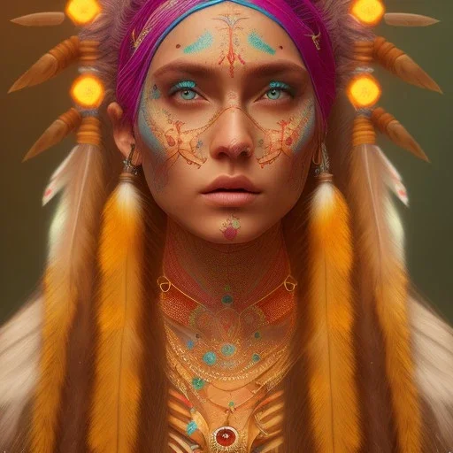 mystic indian woman, perfect, face tattoo, long hair, head and shoulders portrait, cinematic, 8k, dynamic lighting, hyperdetailed, intricately detailed