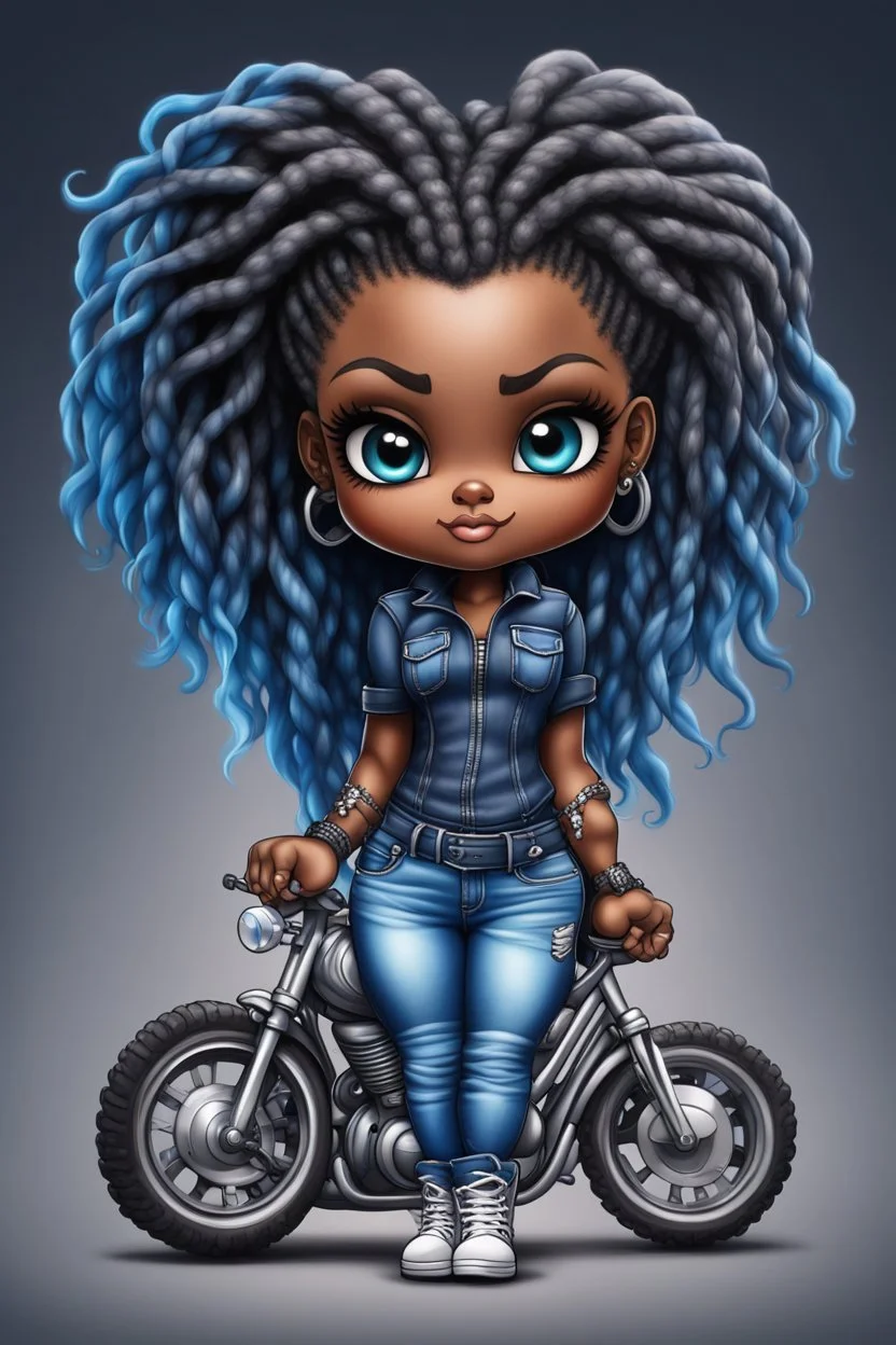 create an airbrush illustration of a chibi cartoon voluptuous black female wearing a blue jean outfit with biker boots. Prominent make up with hazel eyes. Extremely highly detail of a twisted dreadlocks. Background of a bike show.