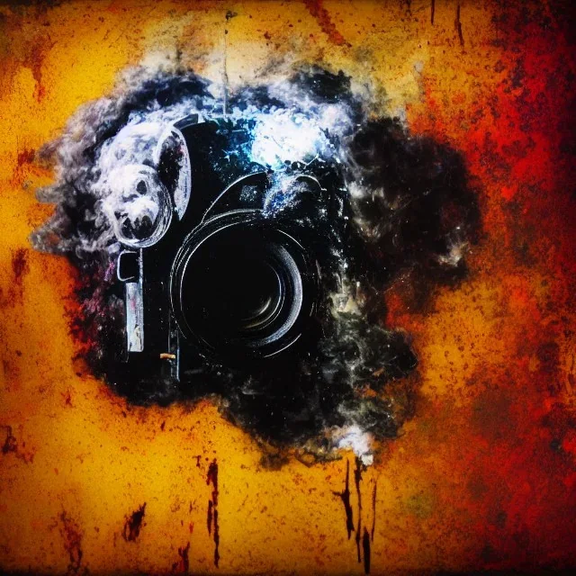 photographic camera mixed with skull in abstract style. fog and smoke in atmosphere. bokeh, lens flare. Dark mood. Dripping paint. oil on canvas, high detailed.