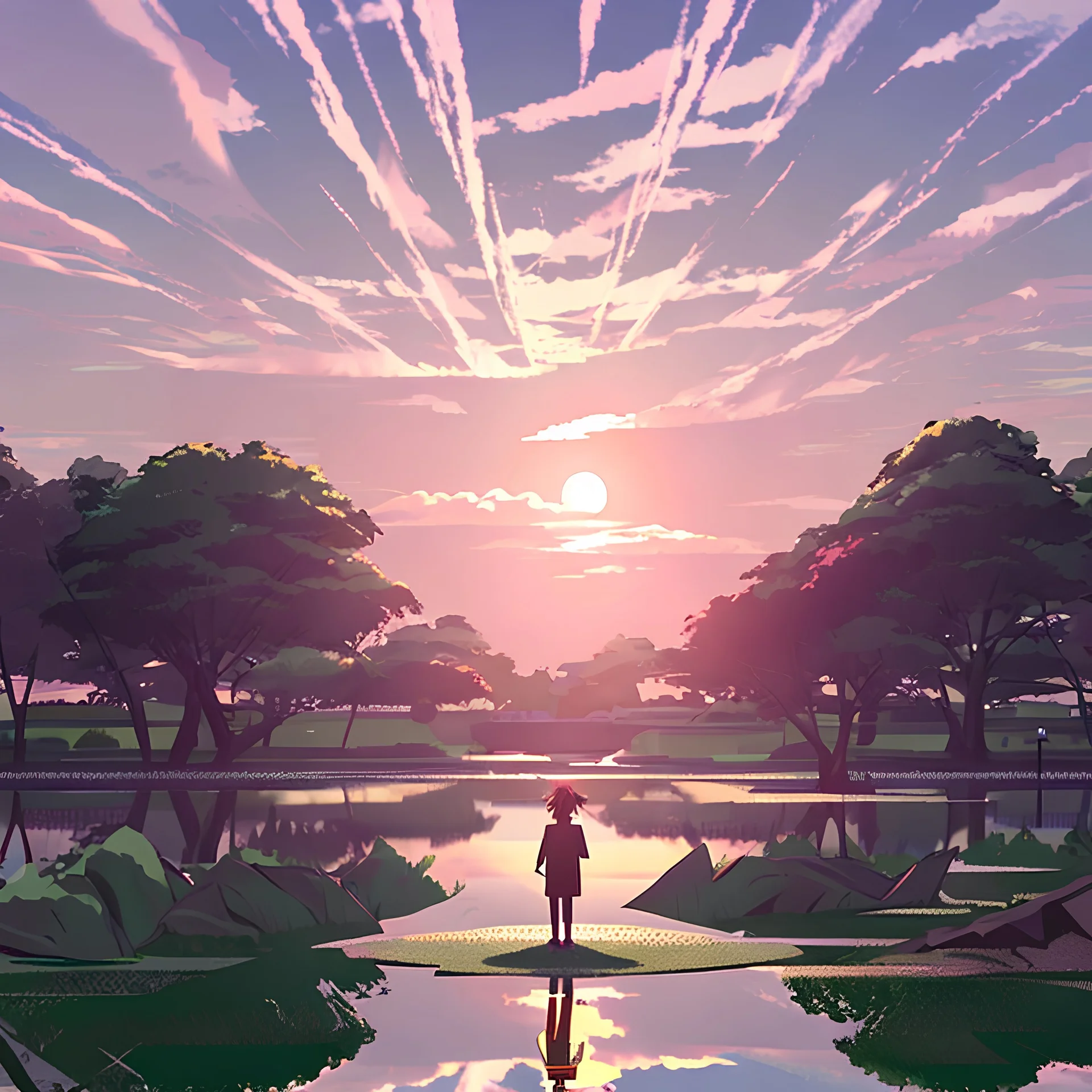 In the anime, a young male character is near the green lake in the sunset afternoon.