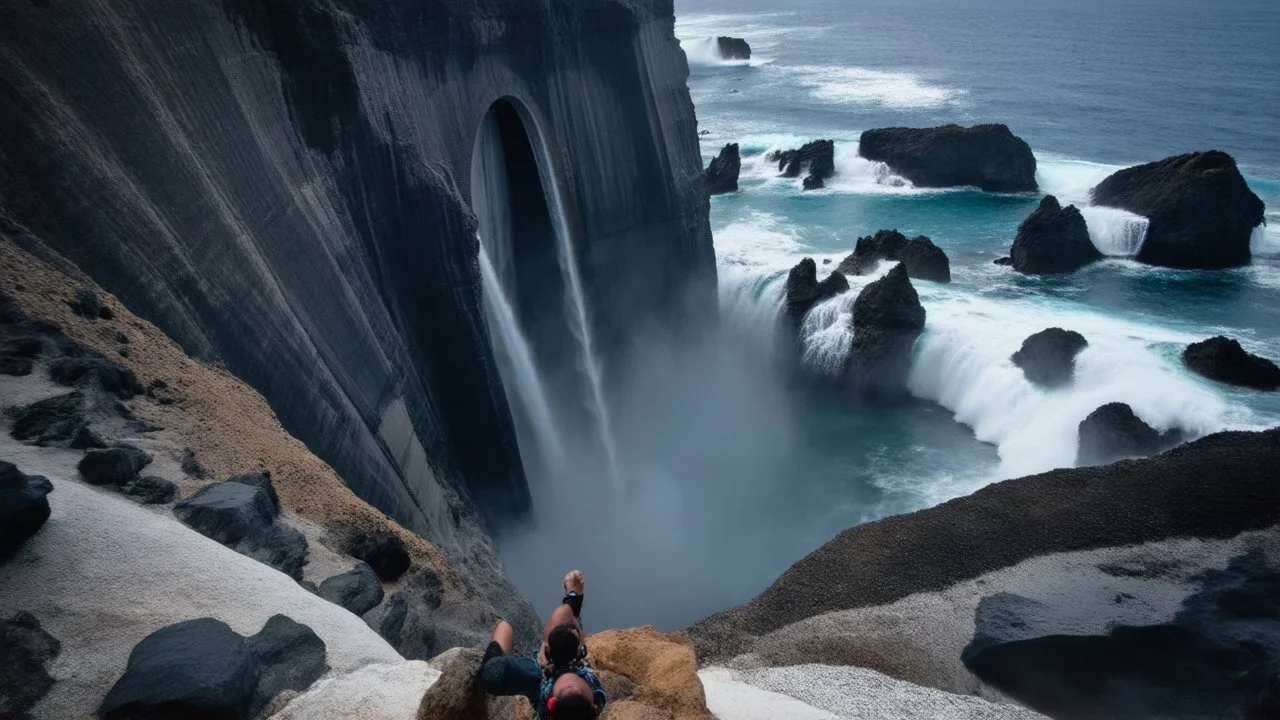 Fish-eye perspective from a climber's viewpoint inside a massive, C-shaped coastal cliff formation. Looking down into a large, natural amphitheater-like cove. The ocean dramatically waterfalls into the cove through the opening of the 'C'. The sky is only visible through this same opening. Dark, striated, curving cliff walls enclose the space. Turbulent ocean water below, deep blue and turquoise, with crashing waves. Photorealistic, 8k resolution, highly detailed, immense scale, enclosed feeling