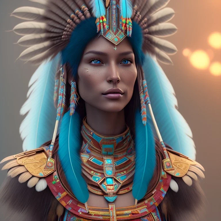 pueblo Indian, 12k, ultra high definition, finely tuned detail, unreal engine 5, octane render, ultra-realistic face, realistic headdress, detailed make-up, zia, detailed turquoise jewelry, detailed hair, detailed feathers,