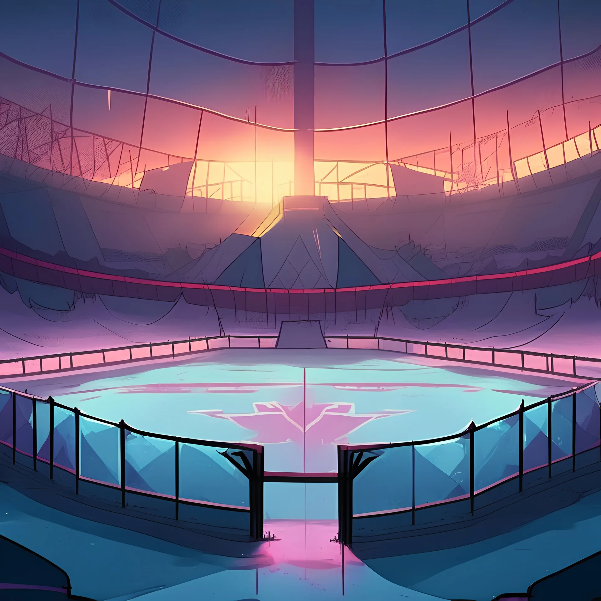 an ice arena with ice floor and barriers around the arena with vampires ice skating which is in a vampire city morning sunrise cartoon