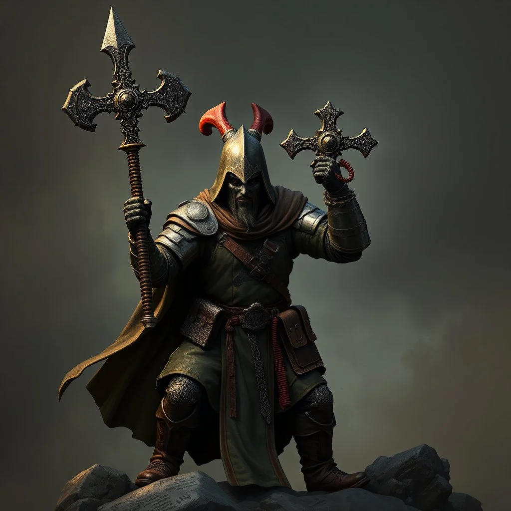 Varican fighter with a hammer shaped like a cross in military gear and pastor robes