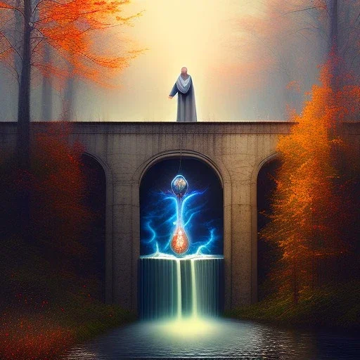 spray painted fantasy art, blurred realism, color corrected, white balance, book illustration,realistic bald priest by a dam ,autumn water, colorful, evening