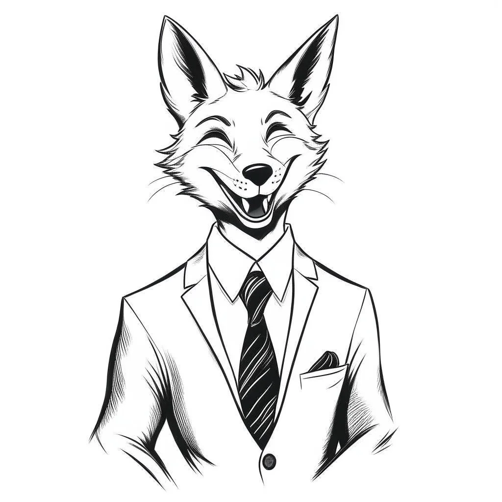 Illustrative sketch of a image of a humanoid fox, ironic smile, suit and tie, ultra quality line art, 8k