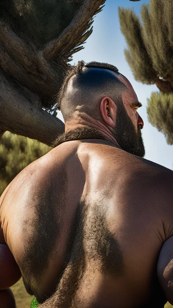 back portrait photography of a marocan ugly angry dirty burly stocky chubby farmer 31 years old, bullneck, strong arms, big belly, very sweat, long beard, very angry, angry eyes, near an olive tree , in the Italian countryside , September sun, ambient occlusion, DSLR, cinematic shot, hyper detailed photography, photorealistic, 50mm lens , strong side light, back view