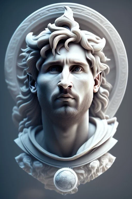 Ultra Realistic image, Roman sculpture, white marble material, Lionel Messi, sun radial crown, chisel style, waist up portrait, epic, celestial, cinematic lighting, God light, god rays, 4k resolution, smooth details, ornate details, soft lighting, unreal engine 5, marble background.