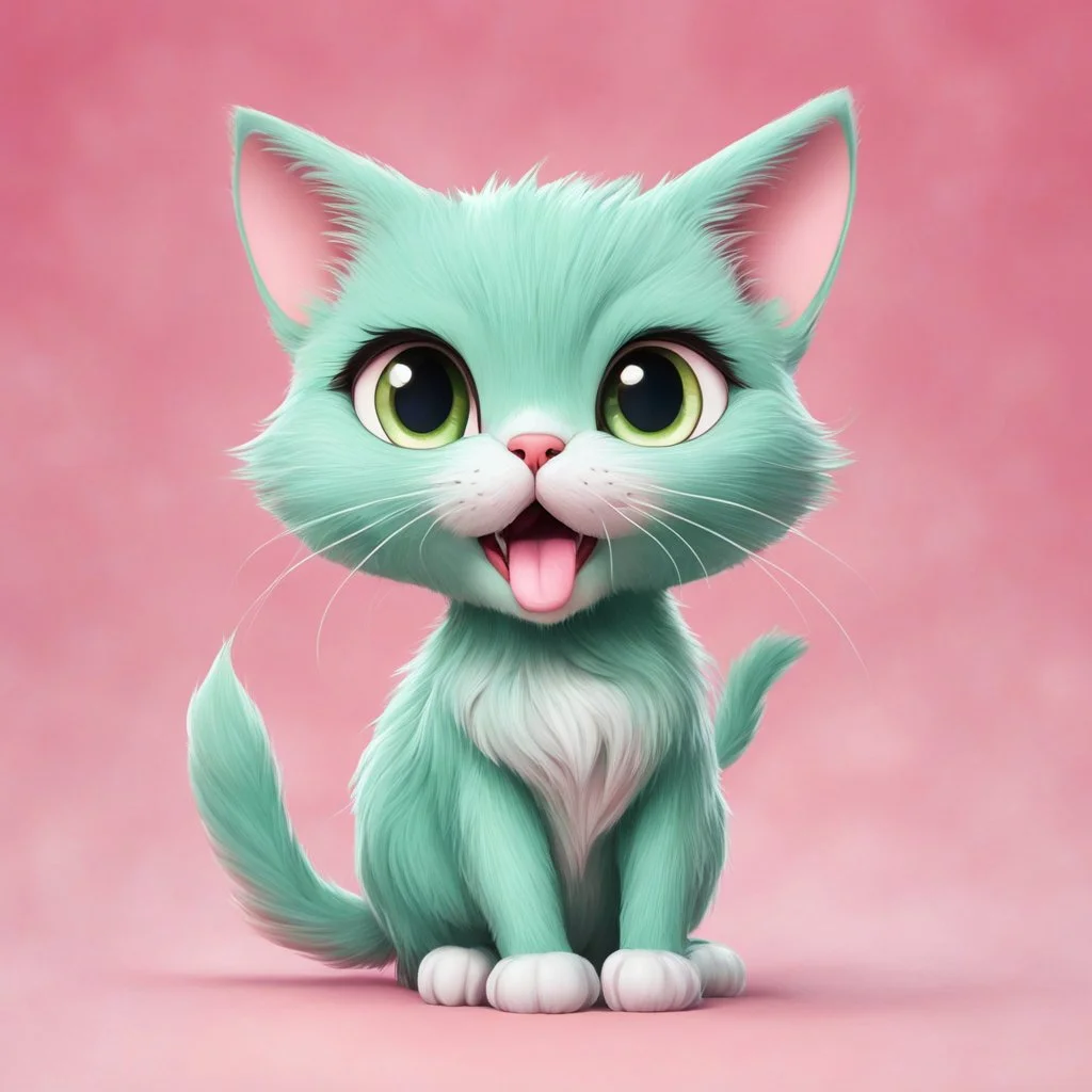 A delightful and adorable cartoon illustration featuring a cute mint-colored cat against a charming pink background, (delightful illustration:1.4), (adorable cartoon cat:1.5), (charming pink background:1.3), (expressive mint hues:1.2), inspired by the styles of cute cartoon artists, trending on ArtStation, Intricate, Sharp focus, vibrant lighting, (whimsical:1.4), (playful ambiance:1.3), (lush fur details:1.5), Cartoon, Masterful, Captivating, High Detail, Cinematic view