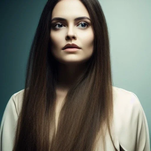 woman with Light-brown long hair, dark fantasy setting, ethereal, soft lighting, soft green eyes, medium cheeks, big forehead, wide chin, small nose, Portrait of mutant, perfect composition