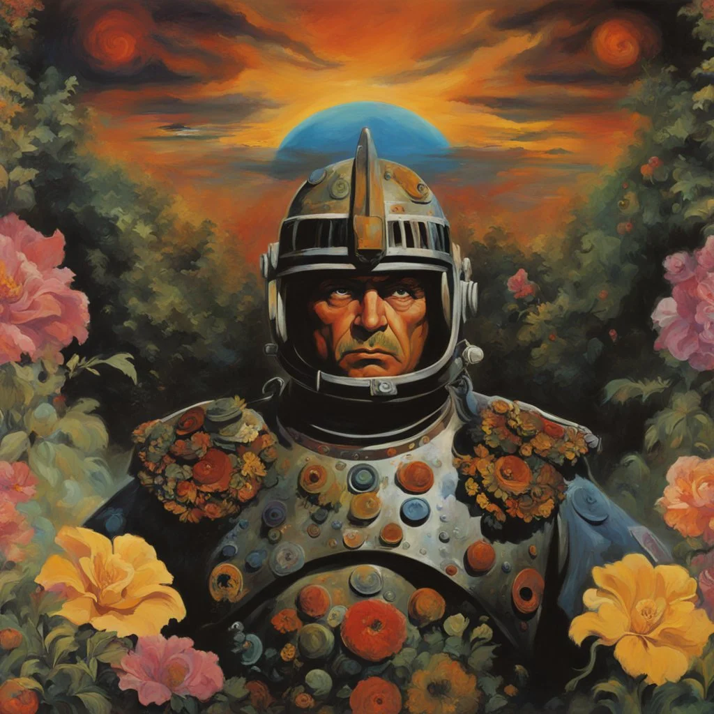 mugshot, Planet of the Vulcans, multicolored, large, floral designs, atmospheric, beautiful, oil painting by Frank Frazetta, 4k UHD, Photorealistic, professional quality