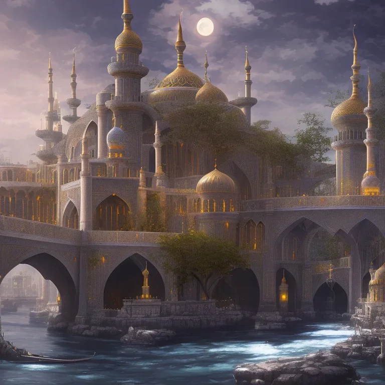 landscape, a mosque on the river, anime art, a future city, and cinematic license.