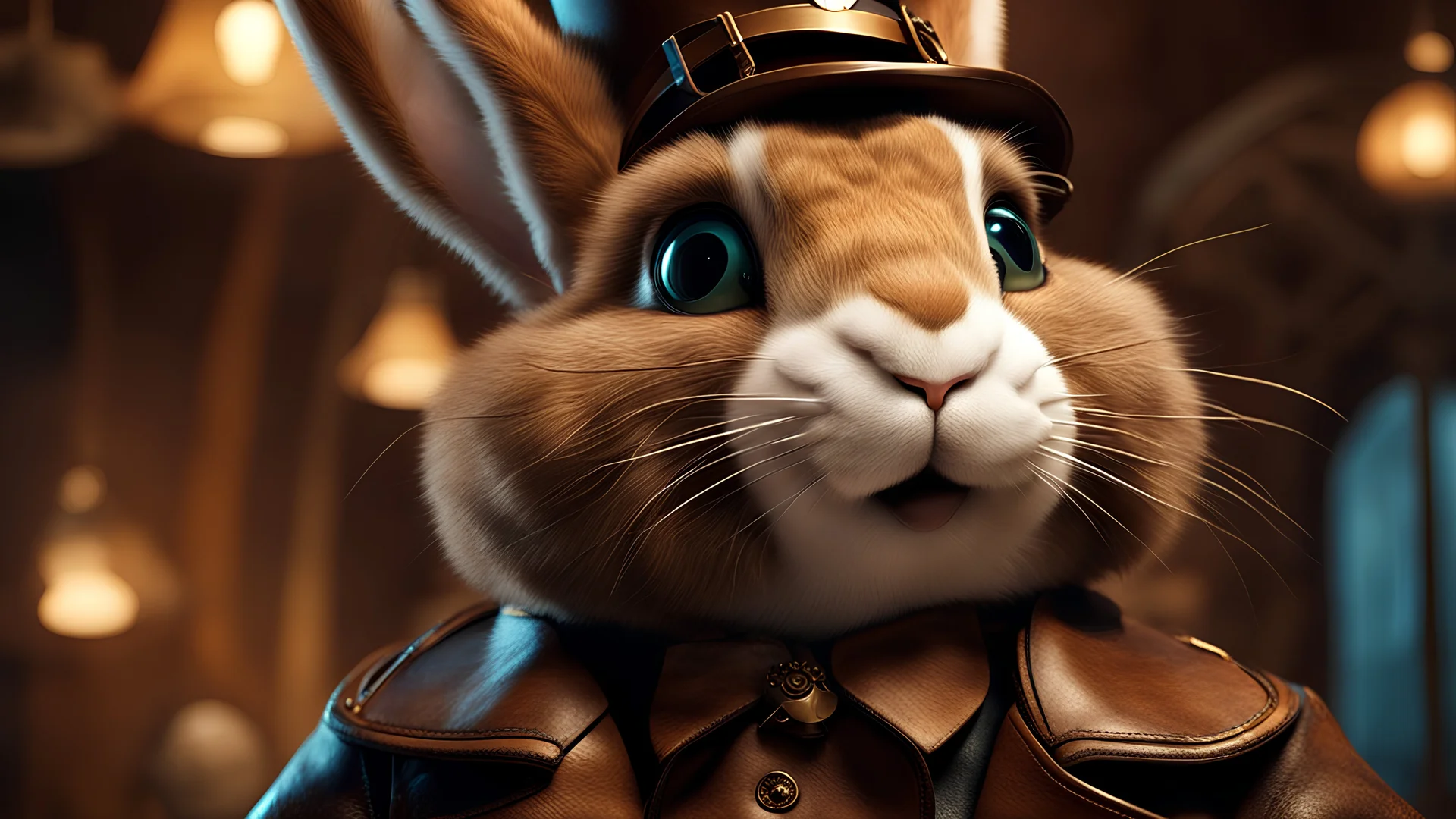 High-end HYPEREALISM STEAMPUNK craftwork CLOSEUP of NATURAL HAPPY FLUFFY furry brown honey mischievous SMILING Rabbit wearing PERFECT leather clothes, cinematic-quality photography,sage green metallic blue aesthetics with honey brown pure leather clothes, Art Nouveau-visuals,Vintage style with Octane Render 3D technology,(UHD) with high-quality cinematic character render,Insanely detailed close-ups capturing beautiful complexity,Hyperdetailed,Intricate,8K, eating watermelon