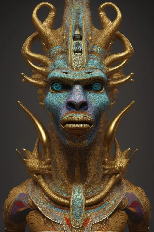 Aztec male African Egyptian alien, cracks in the voodoo head, wicked, eyes, crown, Elephant, 8k, finely detailed, photo realistic, tiger turquoise skull head gold dragon space alien snow skeleton gold hornytoad silver crown silver eyes