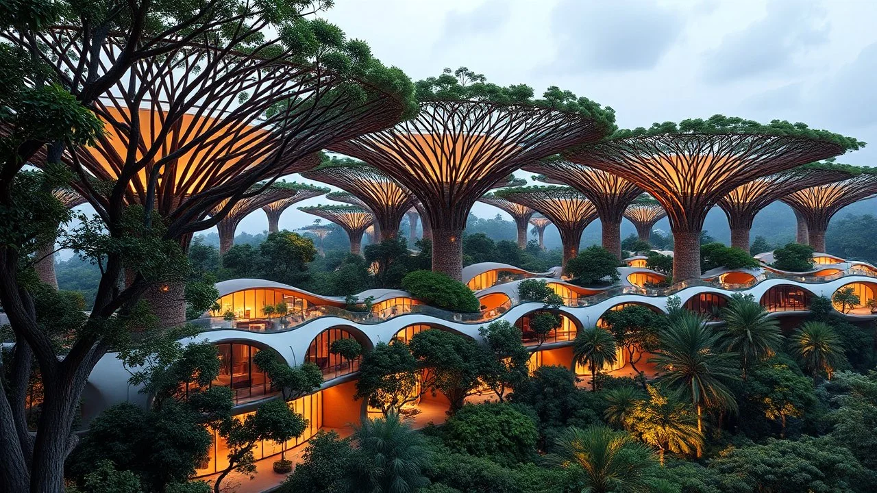 A series of interconnected, curved buildings resembling the canopies of giant trees. Each building is made of advanced, sustainable materials and features panoramic windows that blend seamlessly with the natural surroundings. Award-winning photograph, beautiful composition, exquisite detail and illumination