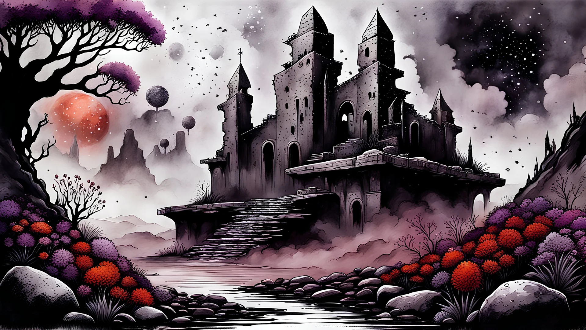 Ink wash painting , grunge, rust, detailed, gray, black, almond, light red colors, stone ruins on old planet, fantasy style, close up black purple and silver weird alien flowers , splash art, stonecrop wall, dreamy, surreal sci-fi mood, foggy lights, detailed, high textures, high contrast, masterpiece