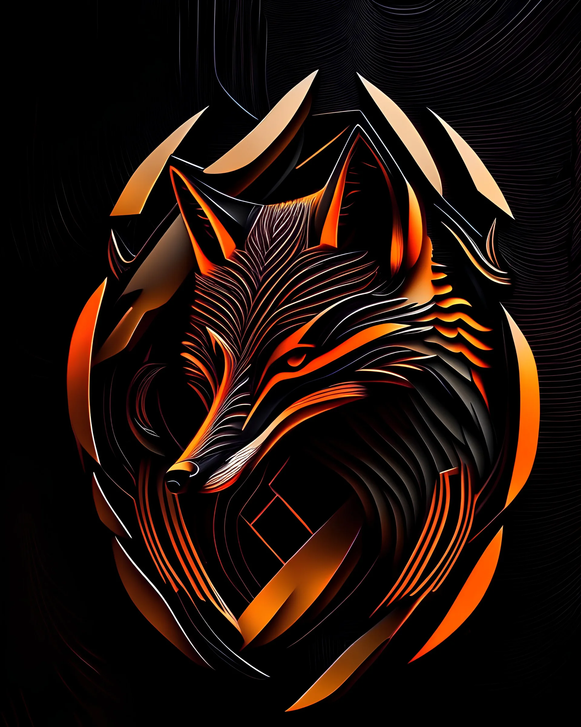 Fox logo minimlist cimetrico, lineal arte, intrincado, incredible work of art, black and orande, fondo negro, maximalist