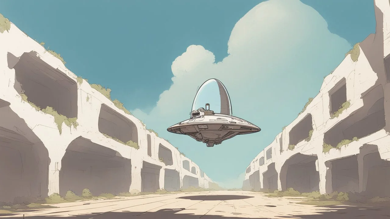 Small, sleek cargo spaceship, built like a teardrop, landing in an empty ruined alien street, blue sky, foliage