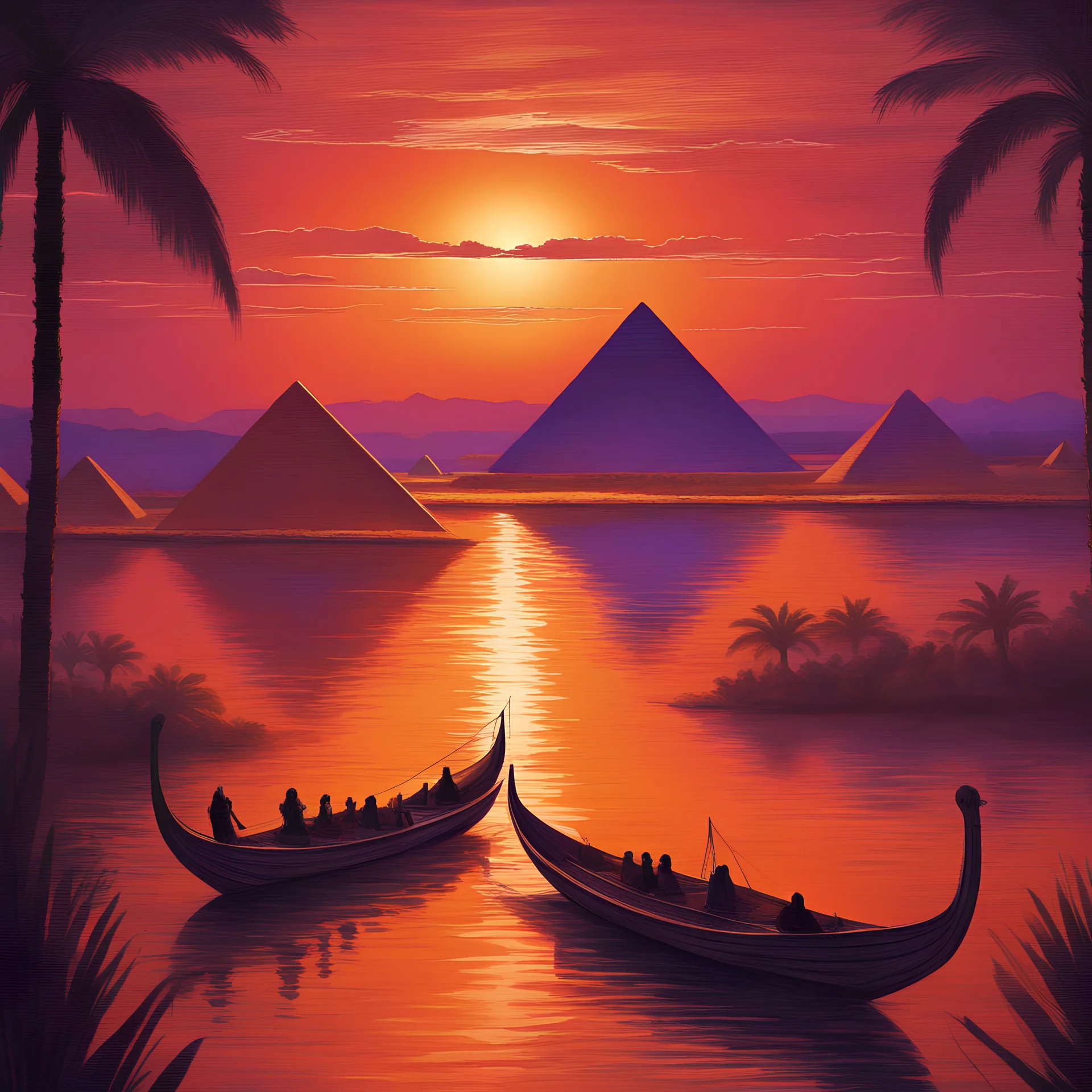 A mystical scene featuring ancient Egyptian pyramids at sunset. The sky is ablaze with vibrant orange and purple hues. The pyramids are bathed in golden light, casting long shadows. Palm trees line the Nile River, where a traditional boat with rowers glides gracefully on the calm water. The overall ambiance is serene and majestic, capturing the grandeur and mystery of ancient Egypt.