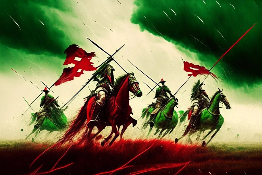 Hun Arrow Crossers on horseback, scorched earth, thunderstorm, red, white, green, sürrealism