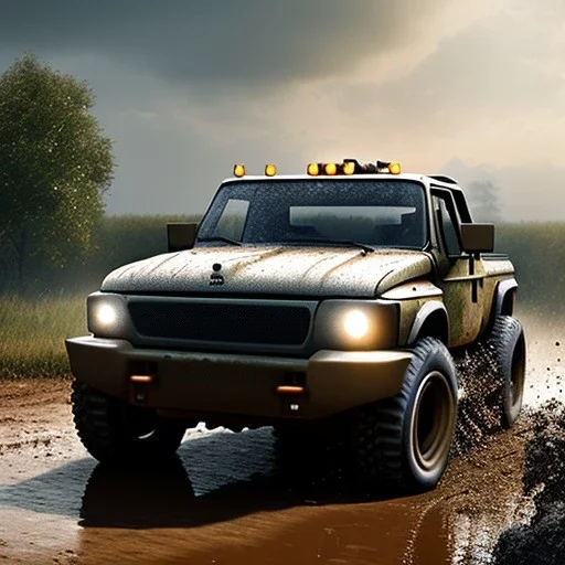 photorealistic shot, muddy military toy truck, monotone color palette, sharp focus, puddle reflection, tire water splash, refraction, mist on the horizon, shadowcast, detailed and intricate, cinematic composition, micro, tilt shift photography