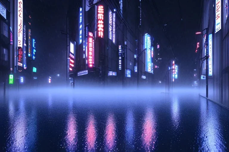 Night, Tokyo, dark, FOG, unsafe, rain, high level of detail, high definition, blue neon, blue lights, blender 3d, birds eye view