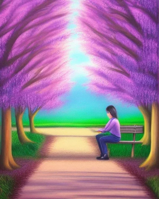 park mystical dream, park bench, man, woman, child, dog, trees, path, bird, sunshine, mystical, fantasy, romanticism, pastel colors, daylight, daytime, acrylic painting, detailed,